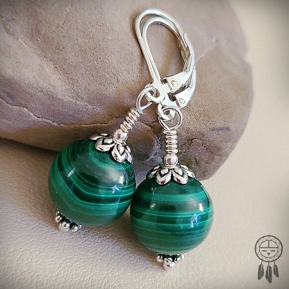 Natural Malachite Dangle Earrings 925 Sterling Silver Gemstone Jewelry - Picture 5 of 14